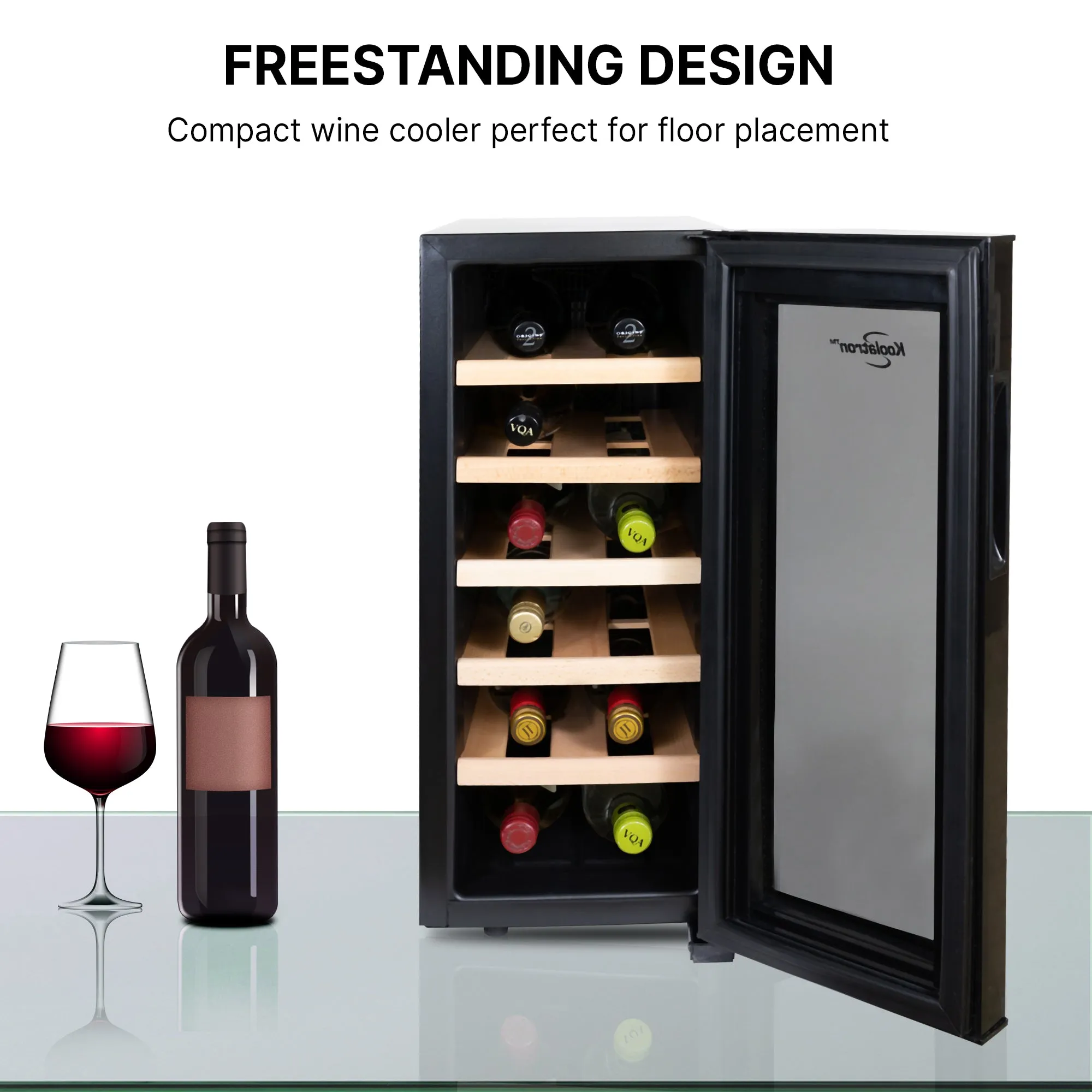 Koolatron Deluxe 12 Bottle Wine Cooler with Beech Wood Racks, Black, Thermoelectric Wine Fridge, 1 cu. ft. Freestanding Wine Cellar, Red, White and Sparkling Wine Storage for Kitchen or Home Bar