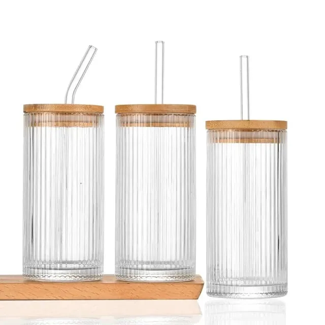 Lined Transparent Drinking Glass Tumbler with Bamboo Lid And Glass Straw