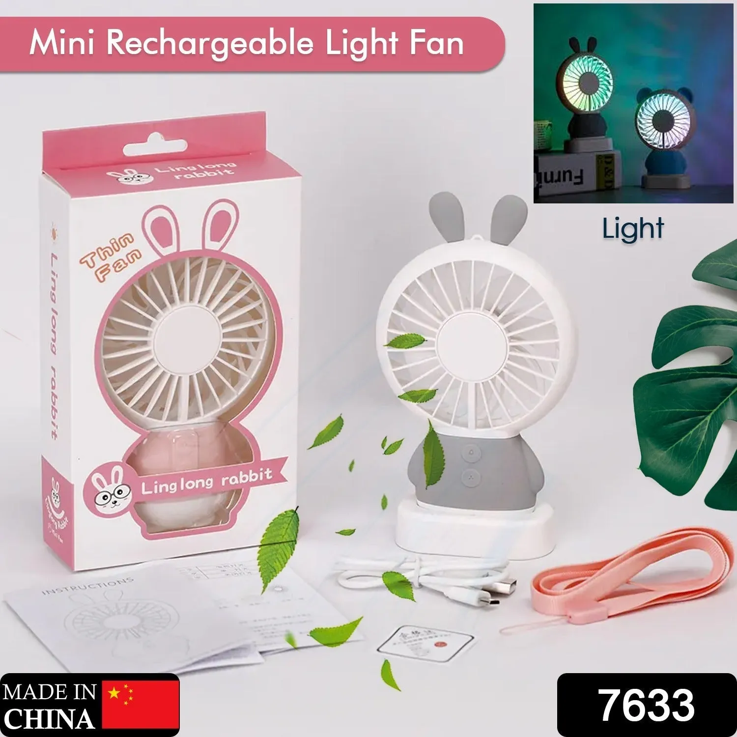 Mini Portable Fan USB Rechargeable Handheld Rabbit Style Color Changing LED Light Pocket Desk Light Fan (Battery Not Include)