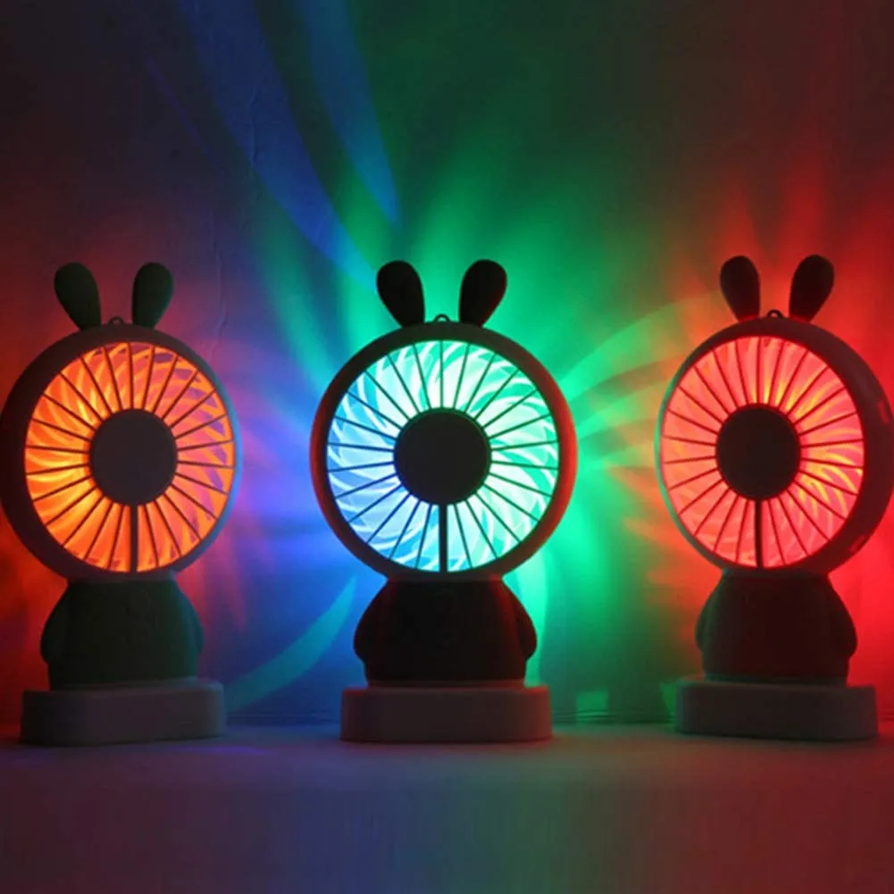 Mini Portable Fan USB Rechargeable Handheld Rabbit Style Color Changing LED Light Pocket Desk Light Fan (Battery Not Include)