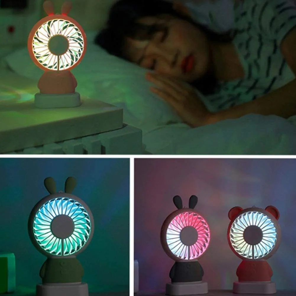 Mini Portable Fan USB Rechargeable Handheld Rabbit Style Color Changing LED Light Pocket Desk Light Fan (Battery Not Include)