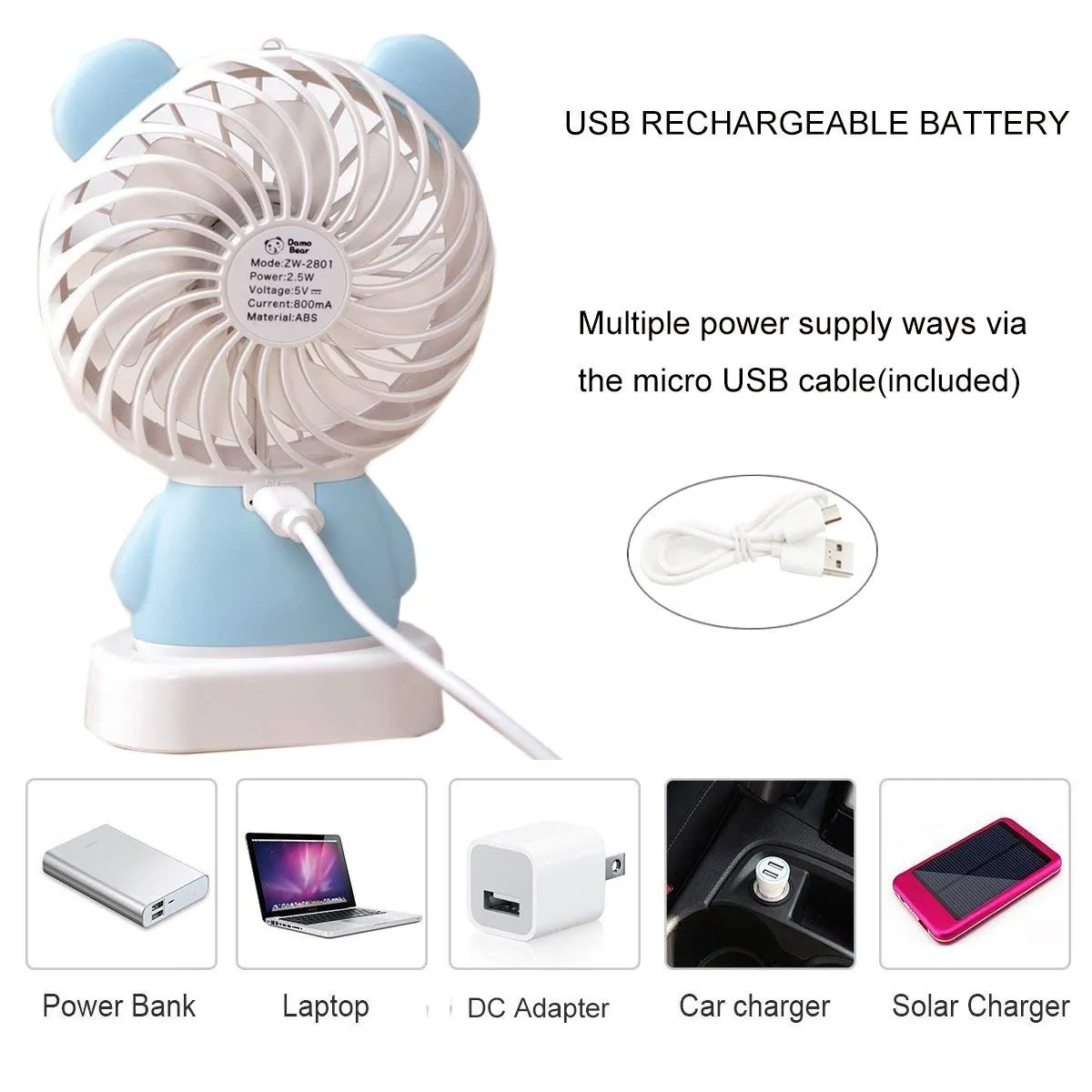 Mini Portable Fan USB Rechargeable Handheld Rabbit Style Color Changing LED Light Pocket Desk Light Fan (Battery Not Include)