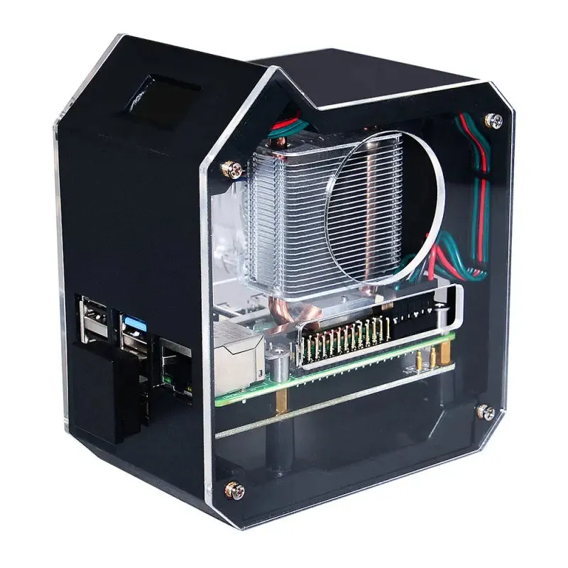 Mini Tower NAS Kit for RPi 4B, 2TB M.2 SATA SSD, Heat Dissipation, OLED Screen