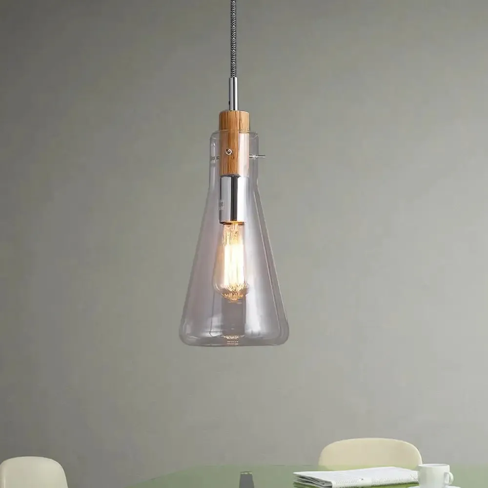 Modern Clear Glass Pendant Light in Polished Chrome - Ellipsoidal/Cone/Bottle Shape - 1 Light Hanging Ceiling Lamp