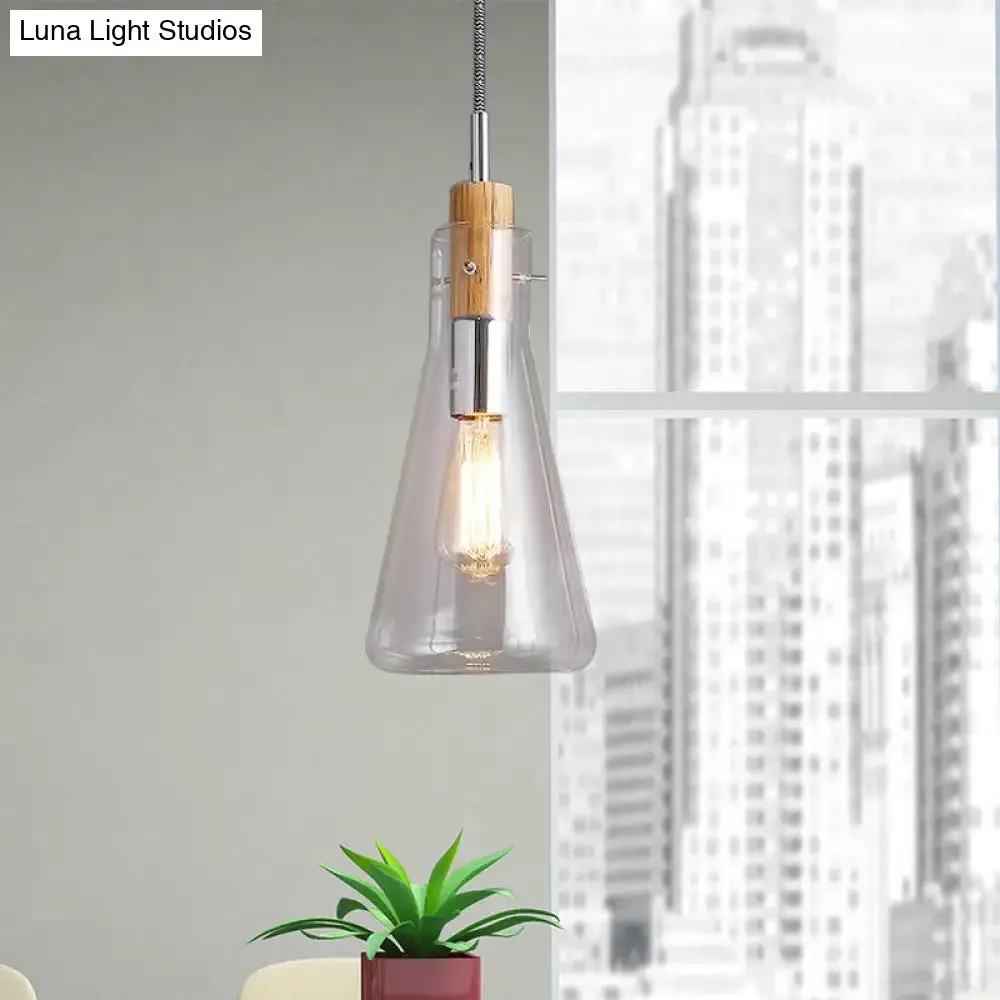 Modern Clear Glass Pendant Light in Polished Chrome - Ellipsoidal/Cone/Bottle Shape - 1 Light Hanging Ceiling Lamp