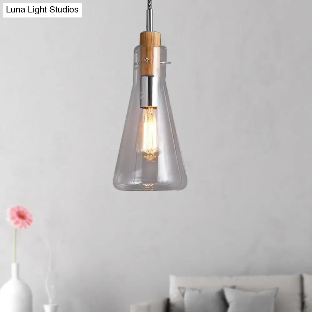 Modern Clear Glass Pendant Light in Polished Chrome - Ellipsoidal/Cone/Bottle Shape - 1 Light Hanging Ceiling Lamp