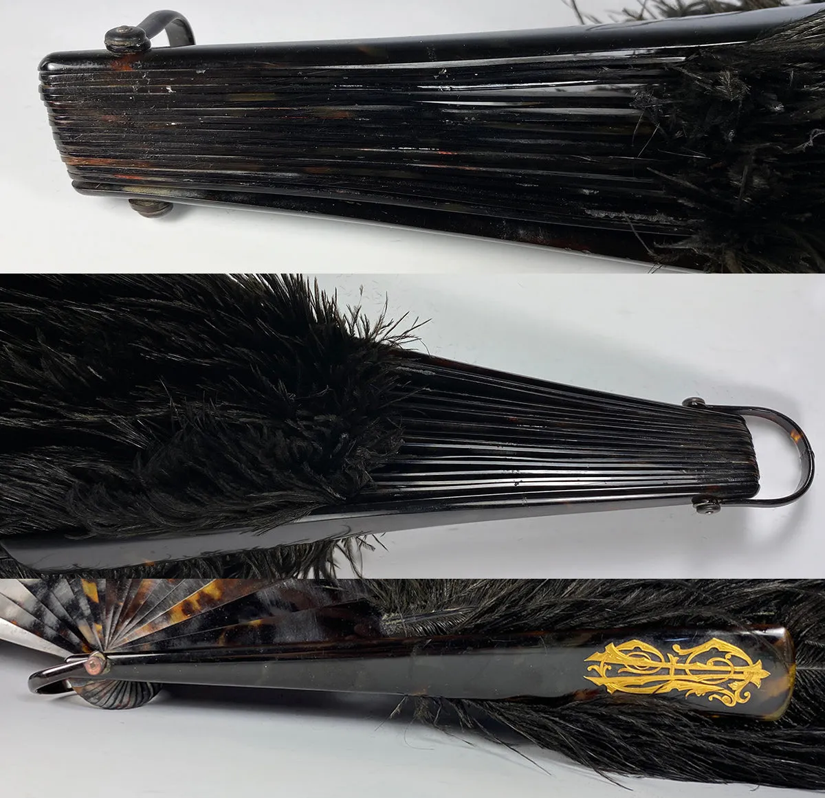 Opulent Large French Ostrich Feather and Tortoise Shell Hand Fan, 24cm Guards w Gold Monogram.