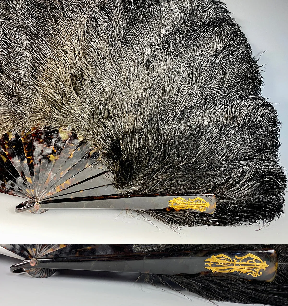 Opulent Large French Ostrich Feather and Tortoise Shell Hand Fan, 24cm Guards w Gold Monogram.