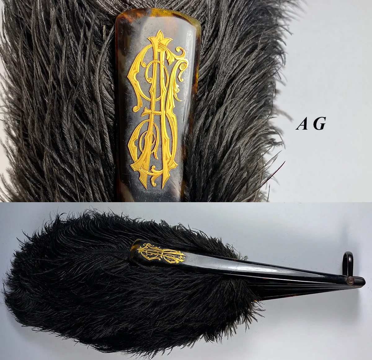 Opulent Large French Ostrich Feather and Tortoise Shell Hand Fan, 24cm Guards w Gold Monogram.