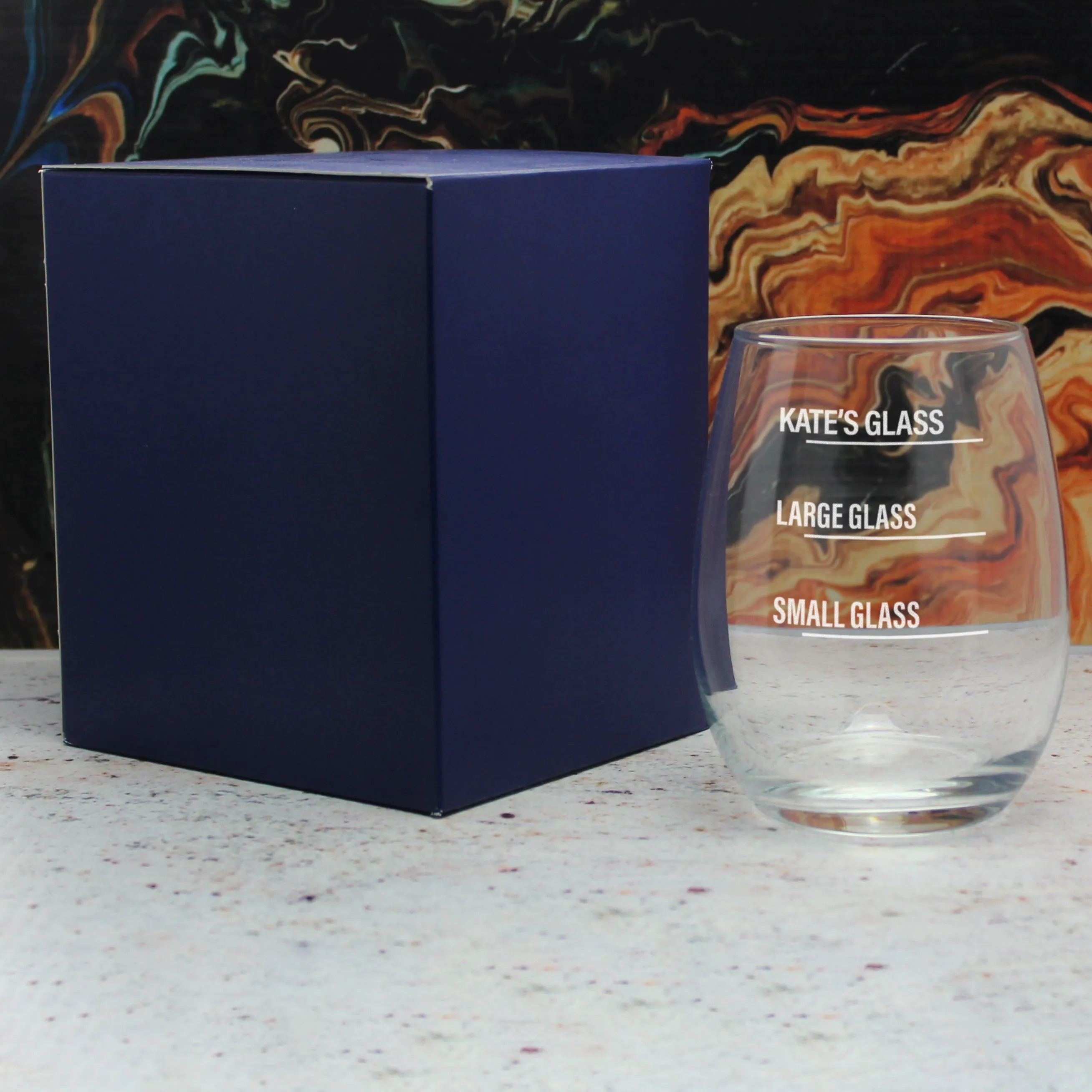 Personalised Engraved Stemless Amber Wine Glass with Name's Glass Bold Measurements Design, Customise with Any Name