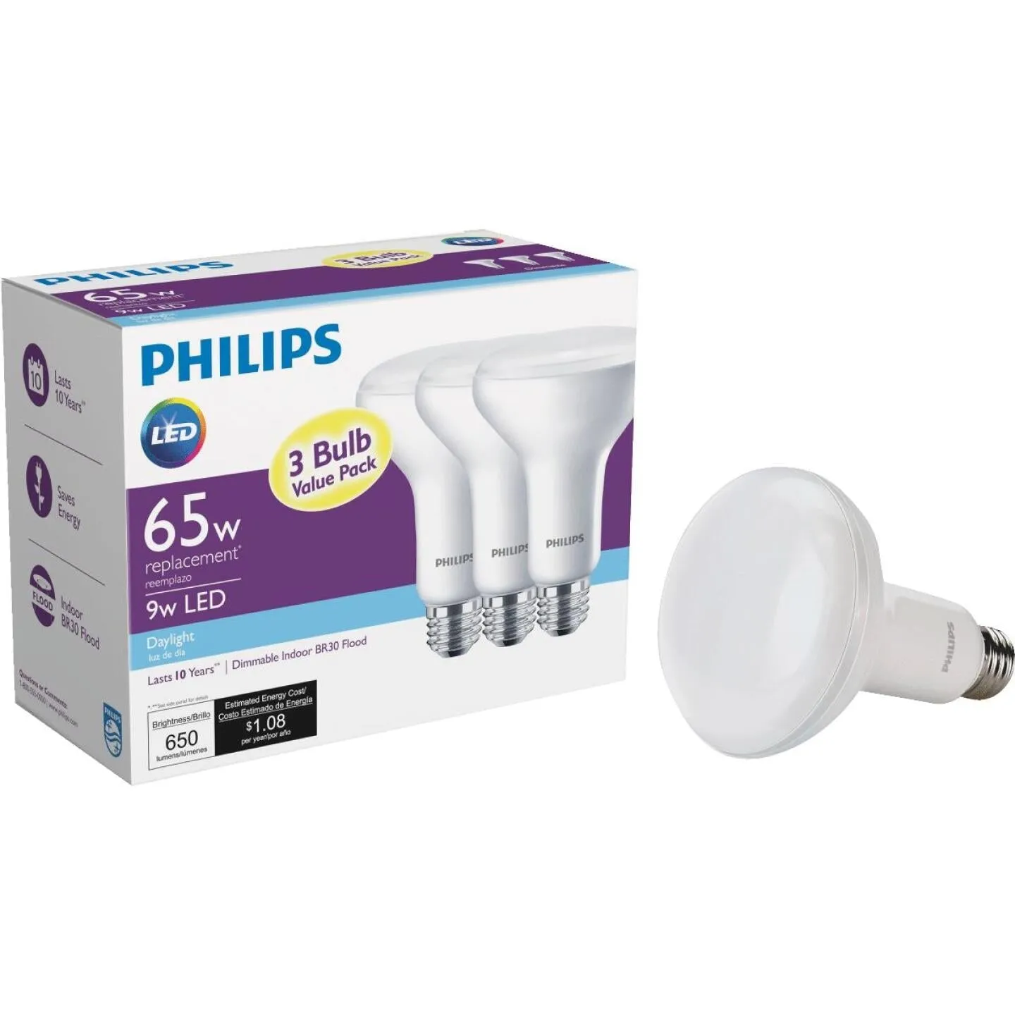 Philips 65W Equivalent Daylight BR30 Medium Dimmable LED Floodlight Light Bulb (3-Pack)