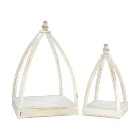 Pyramid Wood Lanterns, LG-10.6"x10.6"x18.1"andSM- 7.1"x7.1"x13.78", Distressed White