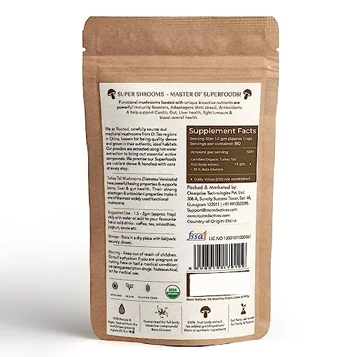 Rooted Actives Turkey Tail mushroom Extract Powder | Gut Health, Liver, Immunity | USDA Organic, 35% Beta Glucans