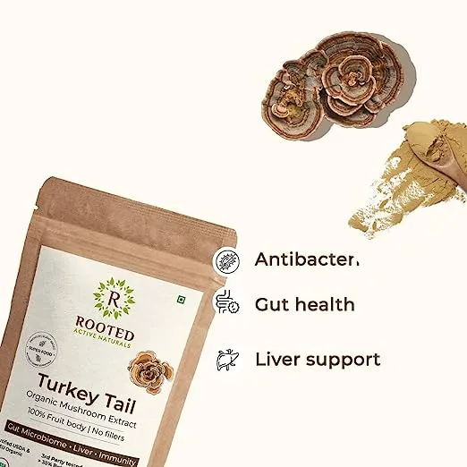 Rooted Actives Turkey Tail mushroom Extract Powder | Gut Health, Liver, Immunity | USDA Organic, 35% Beta Glucans