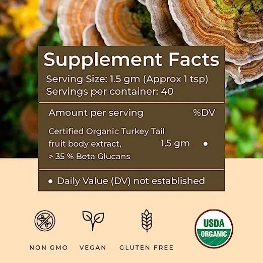 Rooted Actives Turkey Tail mushroom Extract Powder | Gut Health, Liver, Immunity | USDA Organic, 35% Beta Glucans