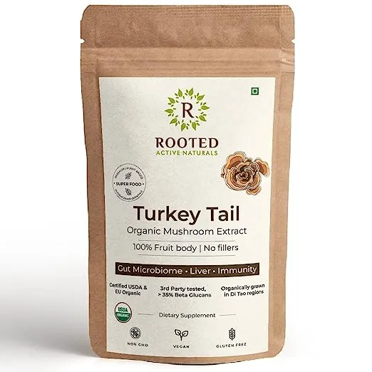 Rooted Actives Turkey Tail mushroom Extract Powder | Gut Health, Liver, Immunity | USDA Organic, 35% Beta Glucans