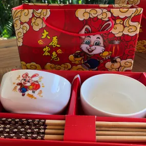 SALE - Rabbit - GIFT SET - ceramic bowls and chopsticks (set of 2)