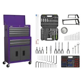 Sealey AP2200COMBOCP Topchest & Rollcab Combination 6 Drawer with Ball-Bearing Slides - Purple/Grey & 128pc Tool Kit