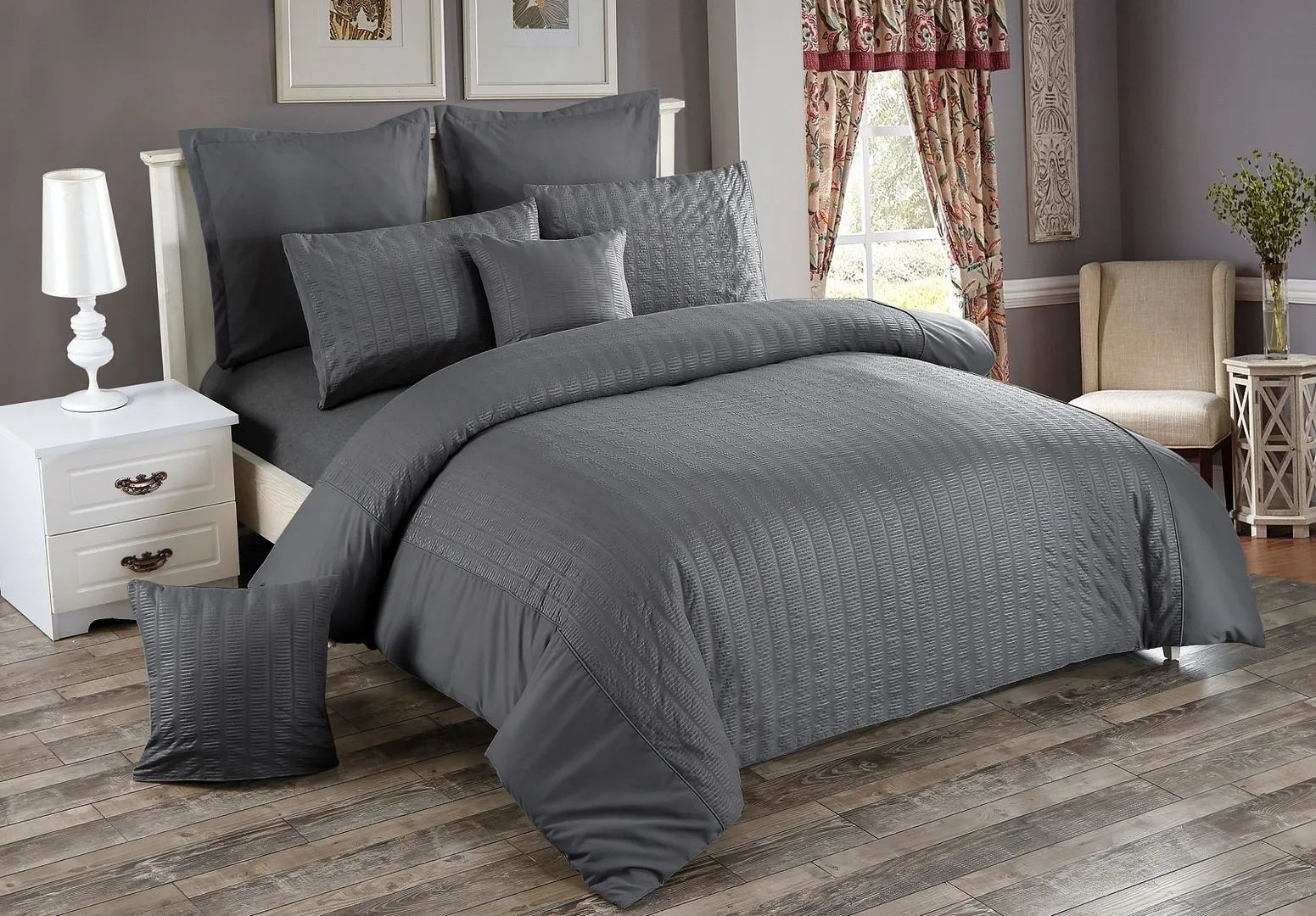 Seersucker Queen Size Charcoal Duvet Quilt Cover Set