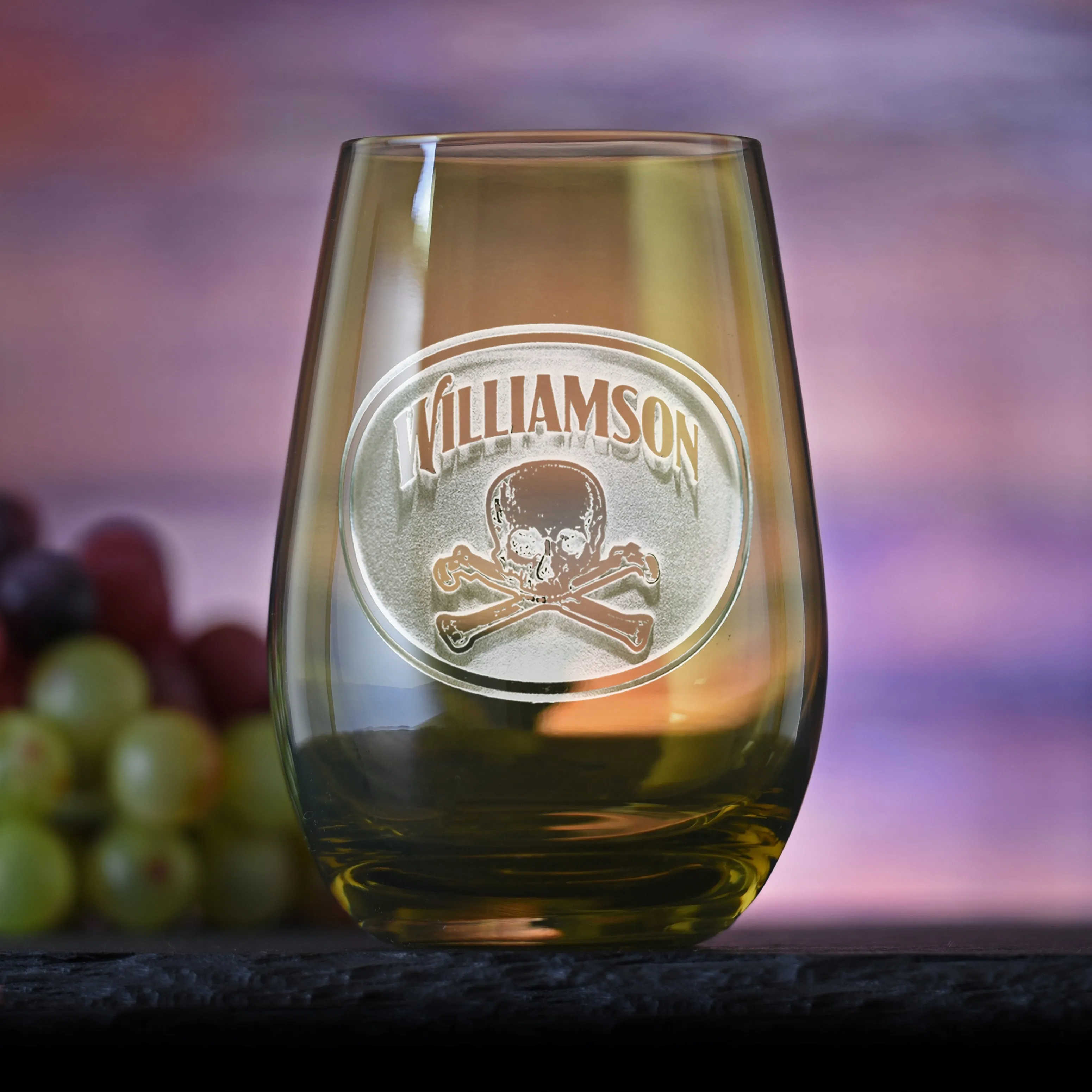 Skull and Bones Engraved Green Stemless Wine Glass Tumbler | Crystal Imagery