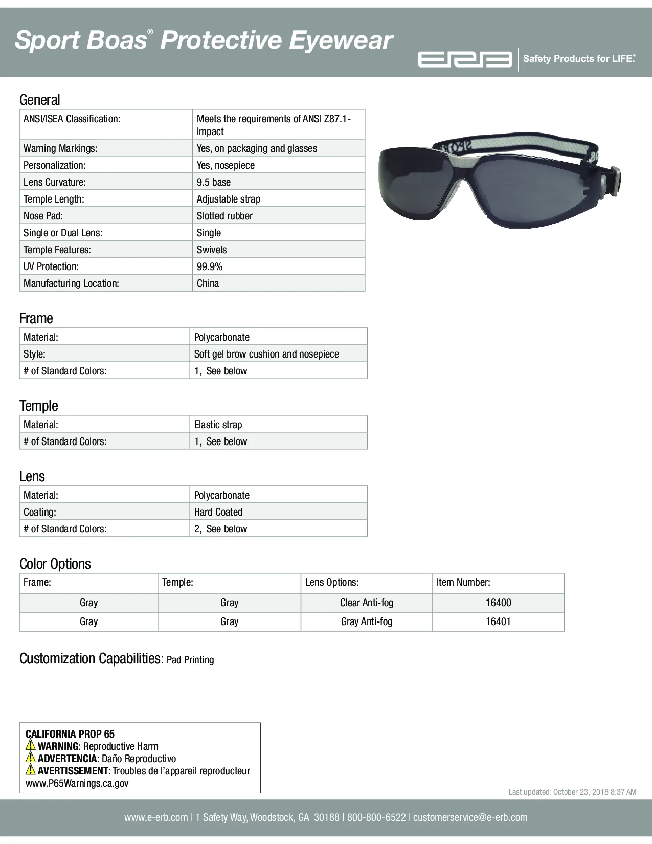 Sport BOAS® Safety Glasses with Anti-Fog Lens 1PC