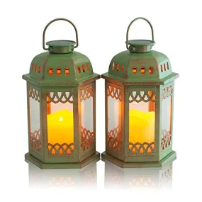 SteadyDoggie Solar Lanterns 2 Pack Green - Hanging Solar Lights with Flickering Candle LED - Retro Ornate Hanging Solar Lantern with Handle