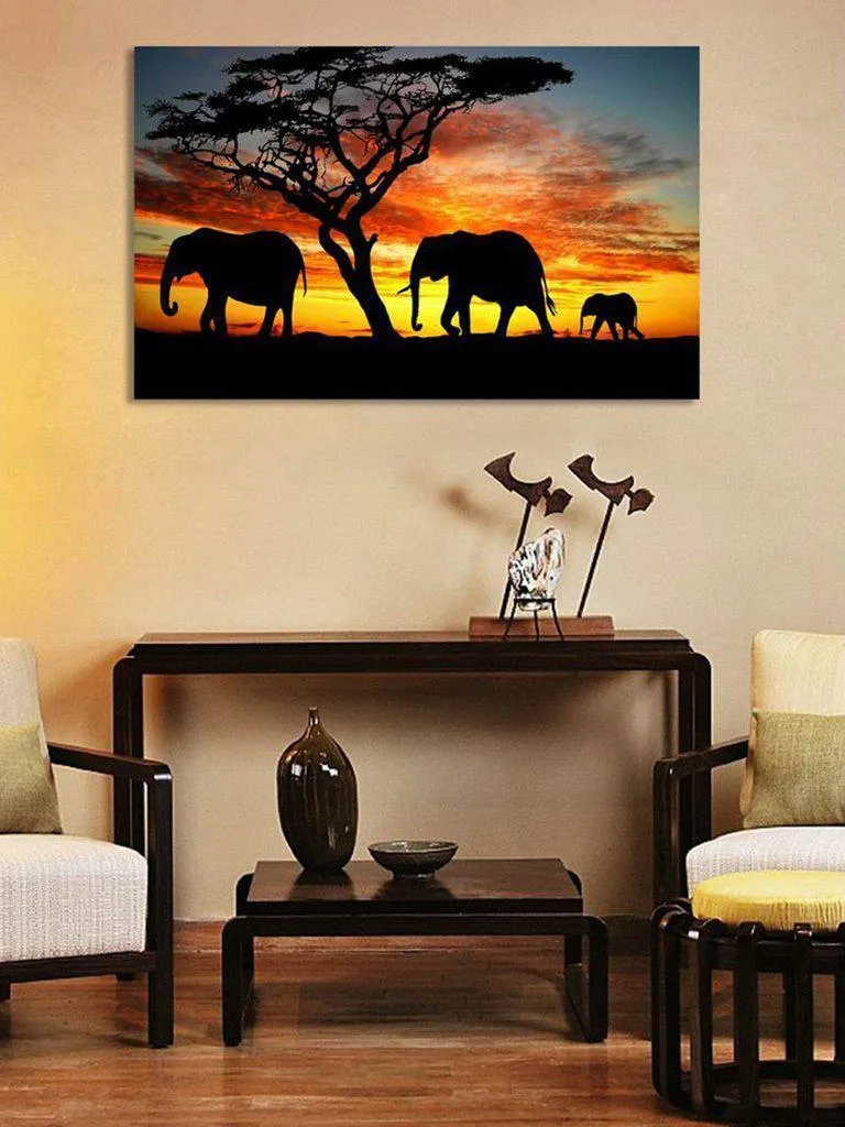 Sunset & Elephant Print Cloth Art