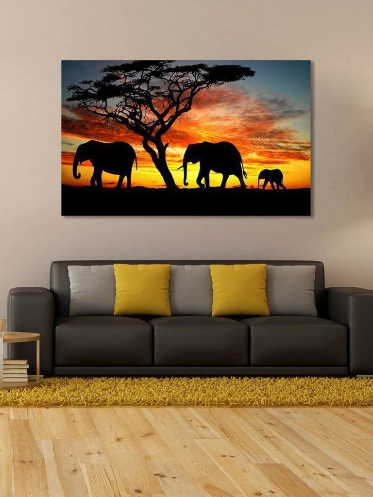 Sunset & Elephant Print Cloth Art