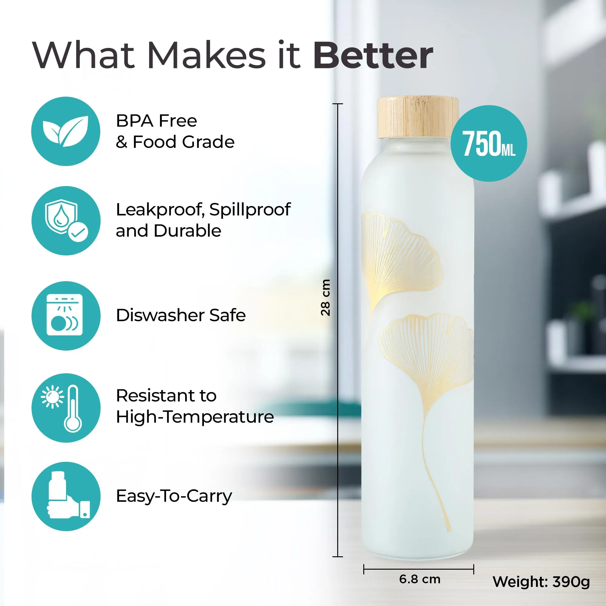 The Better Home Borosilicate Glass Water Bottle with Sleeve (500ml) | Non Slip Silicon Sleeve & Bamboo Lid | Fridge Water Bottles for Men, Women (Golden)