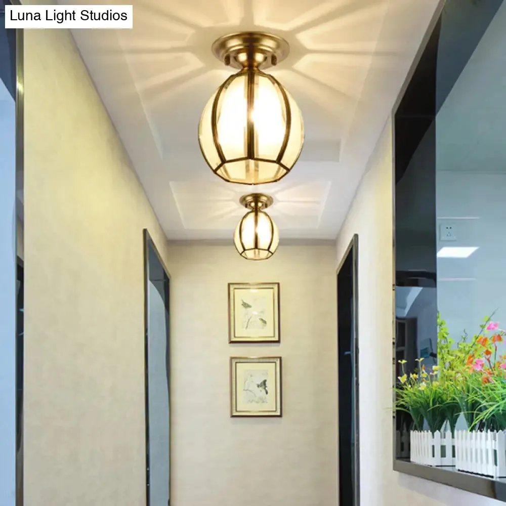 Traditional Brass Frosted Glass Semi Flush Mount Light for Living Room Ceiling