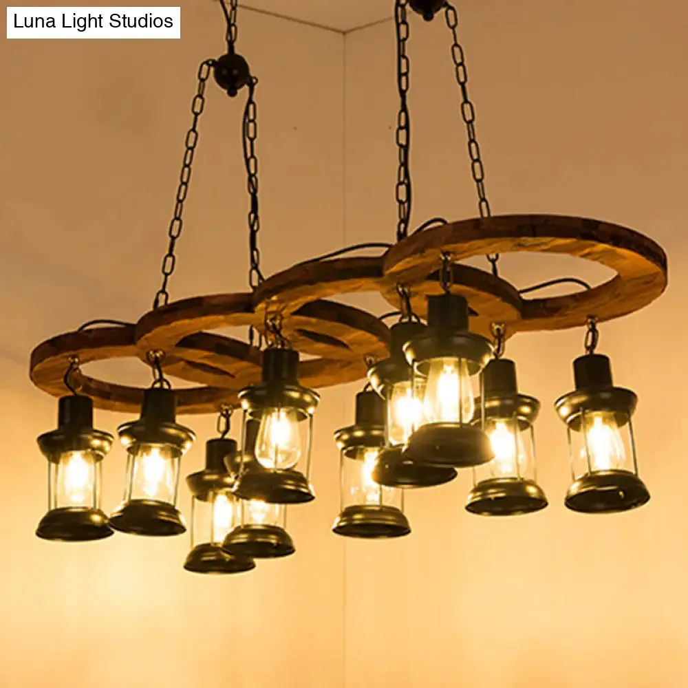 Vintage Black Chandelier Pendant Lamp with Clear Glass Lantern and Wooden Shelf - 10 Lights