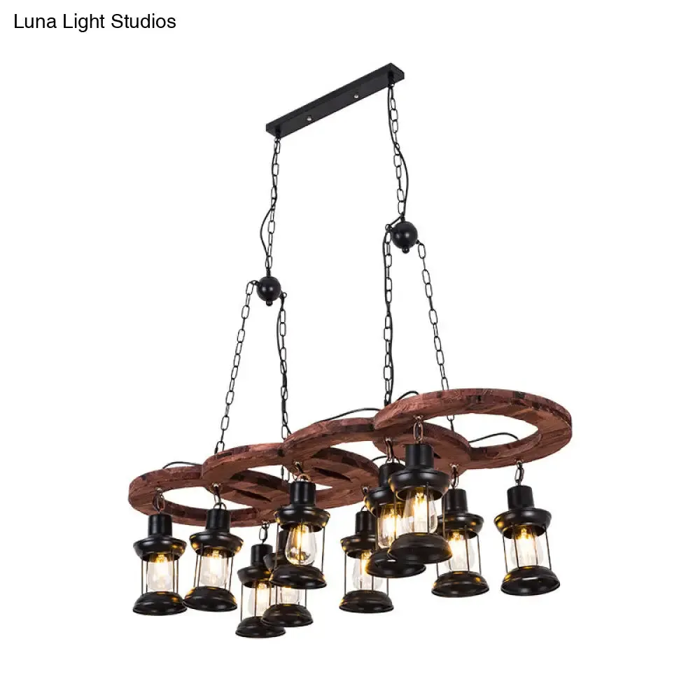 Vintage Black Chandelier Pendant Lamp with Clear Glass Lantern and Wooden Shelf - 10 Lights