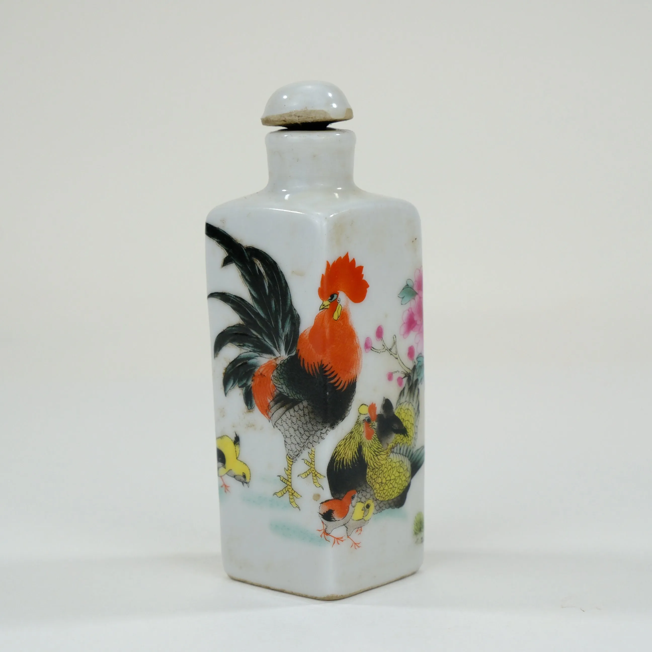 Vintage Chinese Ceramic Snuff Bottle Rooster Motif w/ Stopper 3"