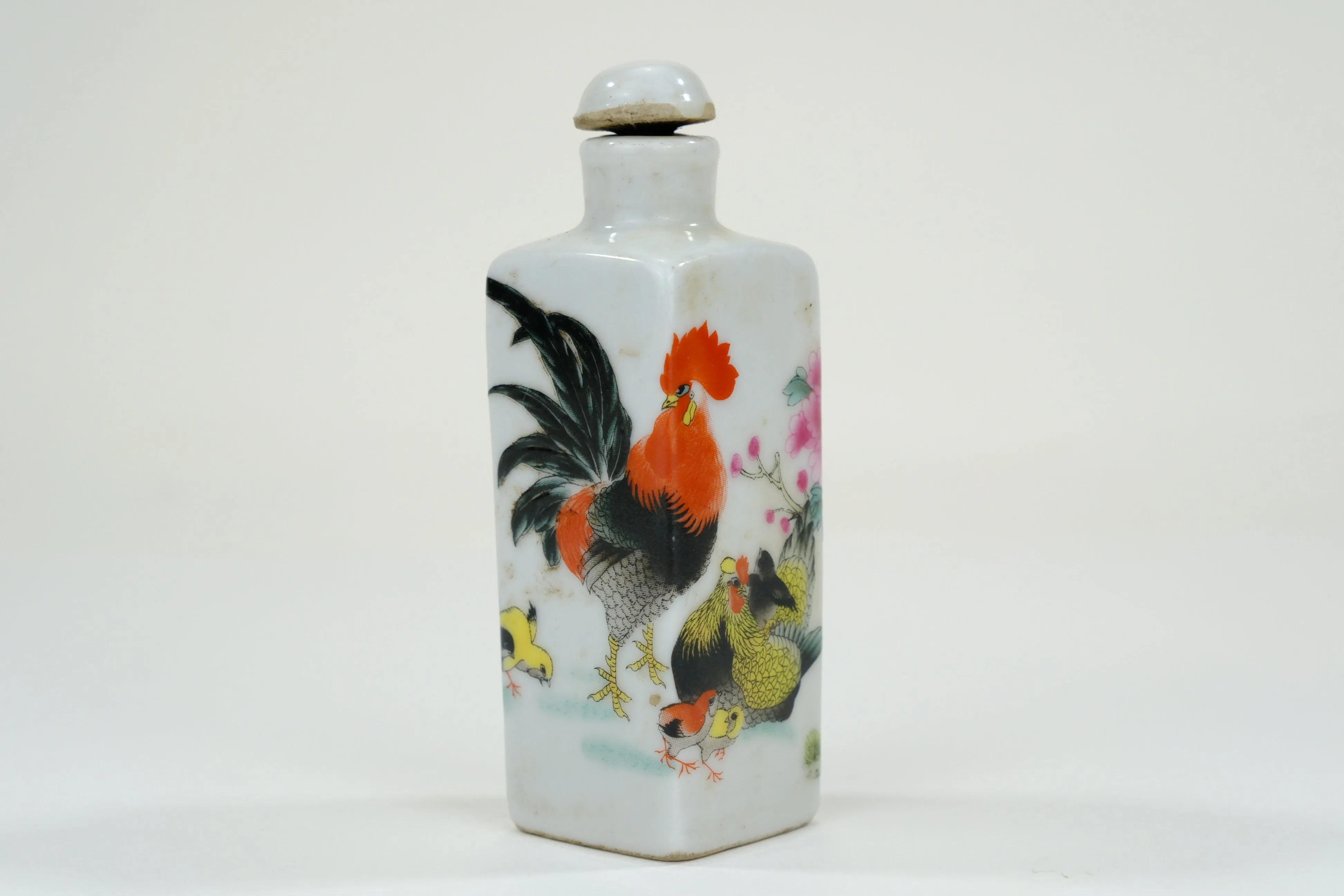 Vintage Chinese Ceramic Snuff Bottle Rooster Motif w/ Stopper 3"