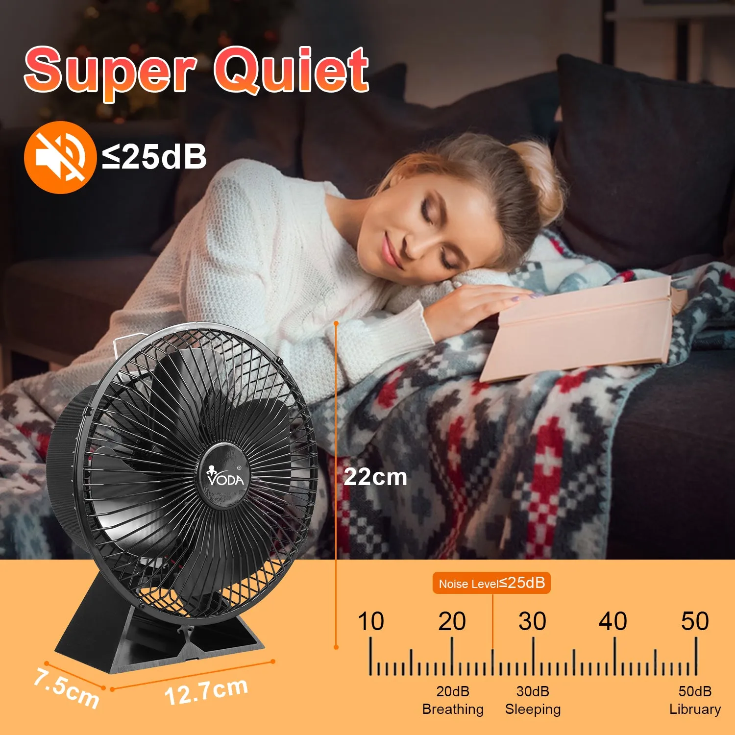 VODA Heat Powered Stove Fan with Protective 4 Blades Slient Fireplace Fan