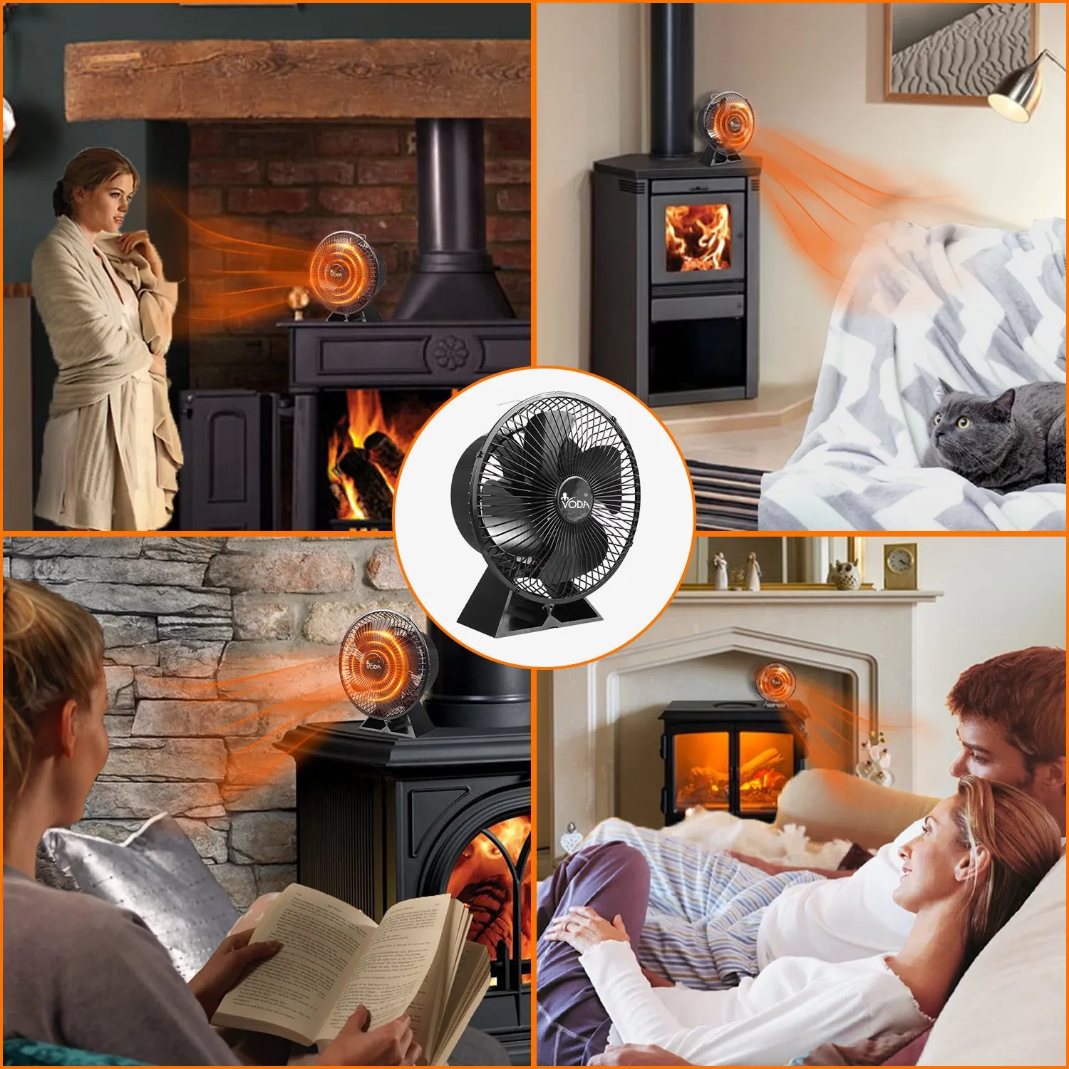 VODA Heat Powered Stove Fan with Protective 4 Blades Slient Fireplace Fan