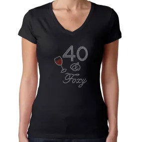 Womens T-Shirt Rhinestone Bling Black Fitted Tee 40 and foxy wine glass